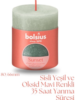 Bolsius Sisli Yeşil Ve Oksid Mavi Renkli Rustik Sütun Mum - 80mm/66mm - 35 Saat Yan Ma Süresi (2'Li Paket)