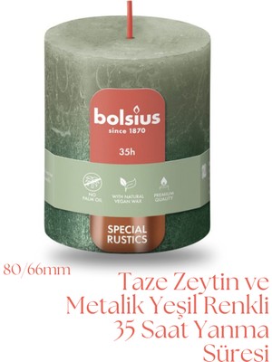 Bolsius Taze Zeytin Ve Metalik Yeşil Renkli Rustik Sütun Mum - 80mm/66mm - 35 Saat Yan Ma Süresi (2'Li Paket)