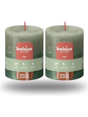 Bolsius Taze Zeytin Ve Metalik Yeşil Renkli Rustik Sütun Mum - 80mm/66mm - 35 Saat Yan Ma Süresi (2'Li Paket)