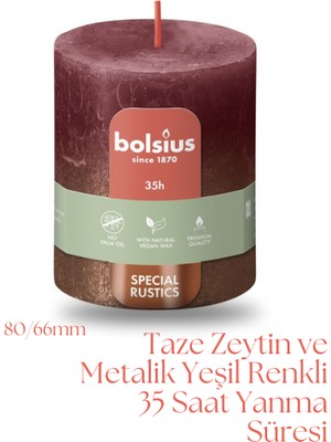 Bolsius Kadife Kırmızısı Ve Bakır Renkli Rustik Sütun Mum - 80mm/66mm - 35 Saat Yan Ma Süresi (2'Li Paket)