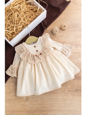 Babymod Krem Dantel Detaylı Dokuma Kumaş Kız Bebek Elbise Günlük Stil Midi Uzun Kol