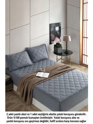 Formeya Set Pamukkale Alez Gri %100 Pamuk Kapitone Yatak Koruyucu-2 Adet Yastık Koruyucu Alez(11 Ebat)