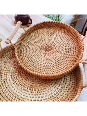 Shanhua Shop A1 Stili Hasır Saklama Sepeti Rattan Saklama Tepsisi El Dokuması Saplı Yuvarlak Sepet Rattan Tepsi Ekmek Meyve Yemek Kahvaltı Tepsisi (Yurt Dışından)