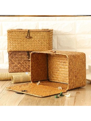 Shanhua Shop 20X16X9CM-DOĞA Stili Büyük Hasır Kutu Dikdörtgen Seagrass Kapaklı Depolama Sepeti Kabine Raf Masa Ev Sepetleri Için Rattan Depolama Organizatör (Yurt Dışından)