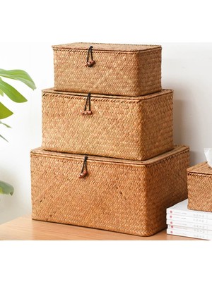 Shanhua Shop 20X16X9CM-DOĞA Stili Büyük Hasır Kutu Dikdörtgen Seagrass Kapaklı Depolama Sepeti Kabine Raf Masa Ev Sepetleri Için Rattan Depolama Organizatör (Yurt Dışından)