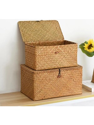 Shanhua Shop 20X16X9CM-DOĞA Stili Büyük Hasır Kutu Dikdörtgen Seagrass Kapaklı Depolama Sepeti Kabine Raf Masa Ev Sepetleri Için Rattan Depolama Organizatör (Yurt Dışından)