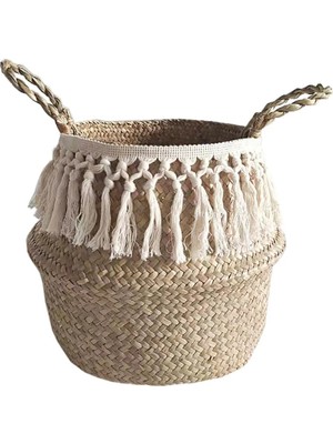 Shanhua Shop E Stili 16X13CM Katlanabilir Seagrass Belly Dokuma Sepet Çiçek Bitkiler Pom Pom Ball ile Tencere Püskül Saklama Çantası Ev Dekor (Yurt Dışından)