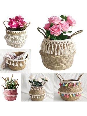 Shanhua Shop E Stili 16X13CM Katlanabilir Seagrass Belly Dokuma Sepet Çiçek Bitkiler Pom Pom Ball ile Tencere Püskül Saklama Çantası Ev Dekor (Yurt Dışından)