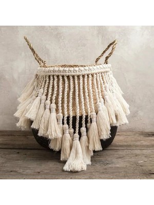 Shanhua Shop Küçük Püskül Dantel Stili 27CMX24CM Makrome Püskül Hasır Sepet El Yapımı Boho Dekor Bahçe Saksıları Çalışma Odası Depolama Rattan Sepet Ev Organizatör Çamaşır (Yurt Dışından)