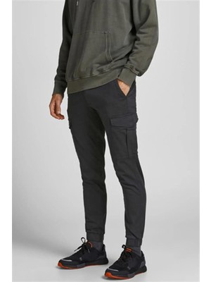 Jack & Jones 12186889_JPSTMARCO Jjjoe Cuffed Akm Normal Bel Düz Siyah Erkek Kargo Pantolon