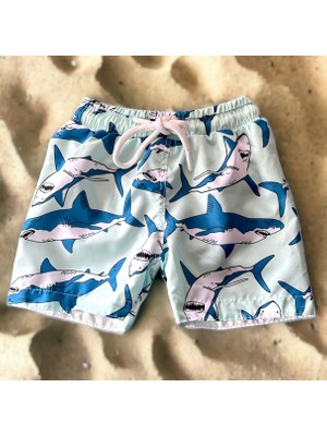 Lolli Boom Kids  Yeni Sezon Erkek Çocuk Köpek Balığı Jaws Baskılı Bel Bağcıklı Şort Mayo Fileli Tam Kalıp