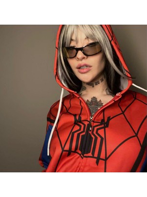 Köstebek Spiderman Cosplay Fermuarlı (Unisex) Kapüşonlu Sweatshirt