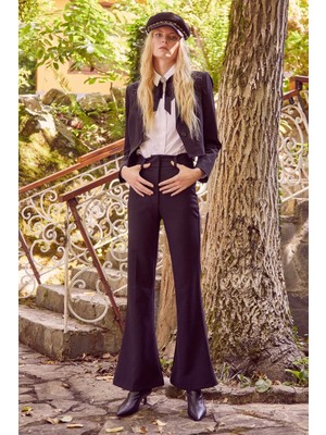 Never More  Kemerli Ispanyol Paça Pantolon Siyah