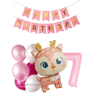 Bi Dolu Mutluluk Pembe Geyik Folyo Balon Doğum Günü Set Parti Eğlence