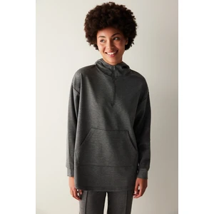 Gri Melanj Kapüşonlu Yumuşak Dokulu Kanguru Cepli Oversize Sweatshirt