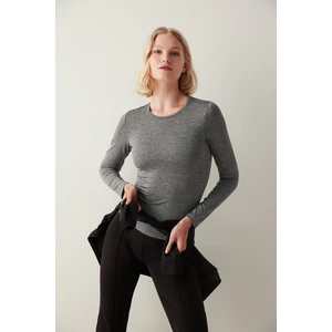 Dark Grey Melange Fitted Long Sleeve Üst