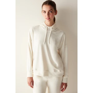 Beyaz Kapüşonlu Yumuşak Dokulu Kadife Sweatshirt