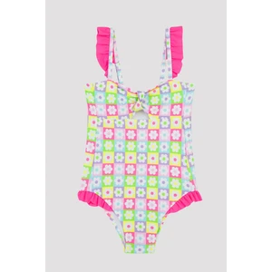 Kız Çocuk Kareli Papatya Desenli Mayo