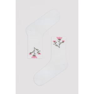 White Big Floral Soket Çorap