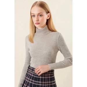 Kadın Gri Boğazlı Fitilli Triko Balıkçı Yaka Kazak HZL22W-BD1445001