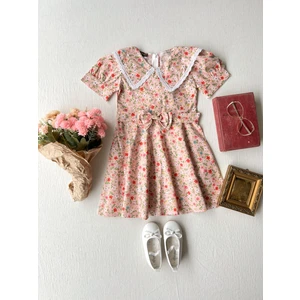 Küçüğüm Butik Kız Çocuk Renkli Çiçekli  Yakalı Poplin Kloş Elbise
