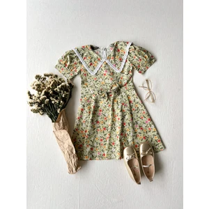 Küçüğüm Butik Kız Çocuk Renkli Çiçekli  Yakalı Poplin Kloş Elbise