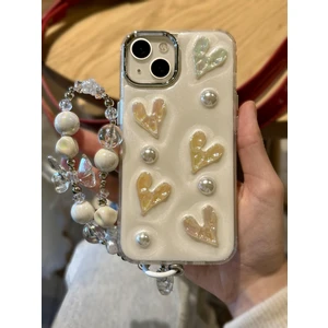Paladyum Case Apple iPhone 14 Uyumlu Lux Işıltılı Inci Charmlı Kalpli Kılıf