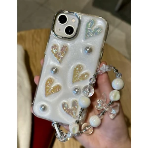 Paladyum Case Apple iPhone 13 Uyumlu Lux Işıltılı Inci Charmlı Kalpli Kılıf