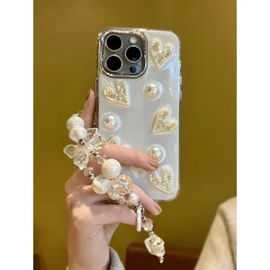 Paladyum Case Apple iPhone 14 Promax Uyumlu Lux Işıltılı Inci Charmlı Kalpli Kılıf