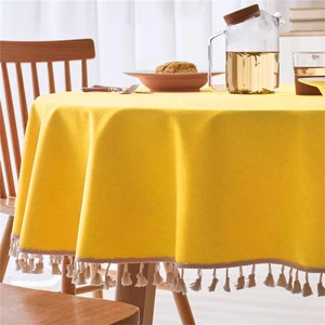 Zeren Home Sıvıya Dayanıklı Yuvarlak Dertsiz Püsküllü Masa Örtüsü Sarı