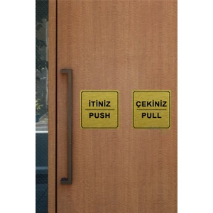 Atölye Çizgi Itiniz / Çekiniz Yönlendirme Levhası 10 cm x 10 cm Gold Fırçalı Metal 1 Çift