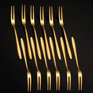 304 Çelik 12 Adet Gold 13 cm Iki Dişli  Meyve Tatlı ve Kek Çatalı CIN576SR-12