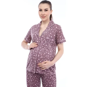 Penye Önden Düğmeli Hamile Lohusa Kısa Kol Pijama Takımı
