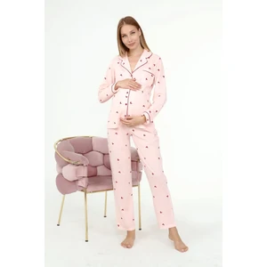 Penye Önden Düğmeli Hamile Lohusa Uzun Kol Pijama Takımı