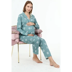 Penye Önden Düğmeli Hamile Lohusa Uzun Kol Pijama Takımı