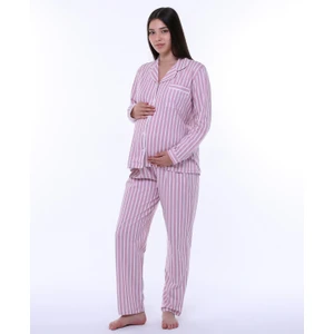Penye Önden Düğmeli Hamile Lohusa Uzun Kol Pijama Takımı