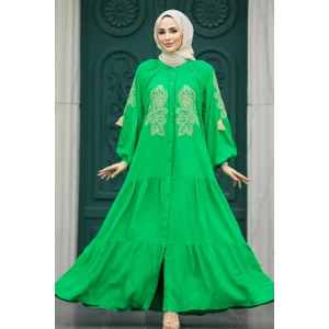 Neva Style Nakış Desenli Yeşil Tesettür Elbise 10186Y