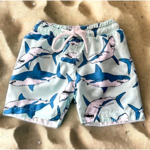 Lolli Boom Kids  Yeni Sezon Erkek Çocuk Köpek Balığı Jaws Baskılı Bel Bağcıklı Şort Mayo Fileli Tam Kalıp