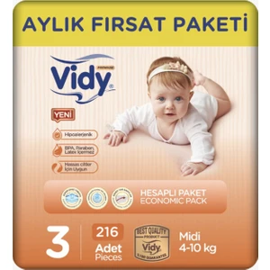 3 Numara Bebek Bezi Midi Premium 216 Adet 54 x 4 Paket 4-10 kg