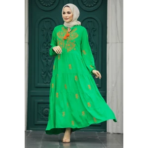 Neva Style Çiçek Detaylı Yeşil Tesettür Elbise 40110Y