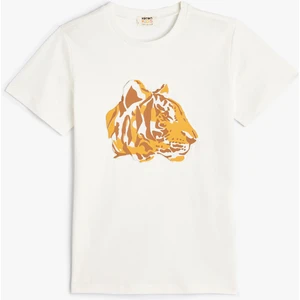 Tişört Kaplan Baskılı Kısa Kollu Bisiklet Yaka Pamuklu