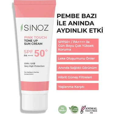 Sinoz Pink Touch SPF 50 Cilt Aydınlatıcı Ton Eşitleyici Pembe Yüz Güneş Kremi 50 ML Tüm Ciltler