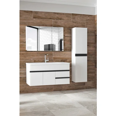 Alfa Banyo Esen Beyaz-Siyah (100+35) 135 cm Boy Dolaplı Lavabolu Banyo Dolabı Takımı-Mdf-Demonte