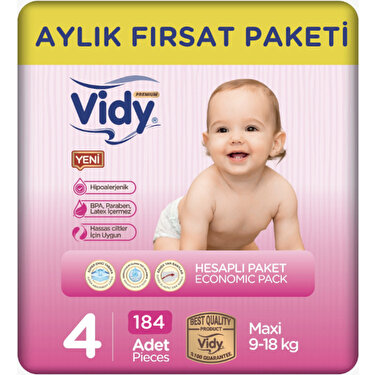 Vidy Bebek Bezi 4 Numara Ma x i Premium 184 Adet 46 x 4 Paket 9-18