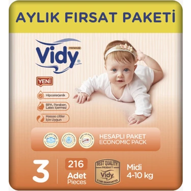 Vidy 3 Numara Bebek Bezi Midi Premium 216 Adet 54 x 4 Paket 4-10