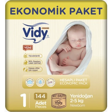 Vidy 1 Numara Bebek Bezi Yenidoğan Premium 144 Adet 72 x 2 Paket 2-5