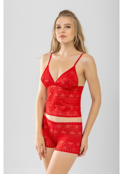 Kadın Dantelli Bralet ve Boxer Şort Takım Kırmızı