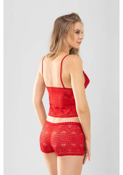 Kadın Dantelli Bralet ve Boxer Şort Takım Kırmızı