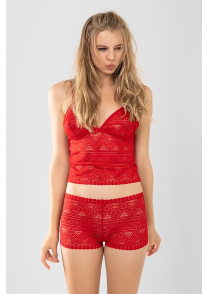 Kadın Dantelli Bralet ve Boxer Şort Takım Kırmızı