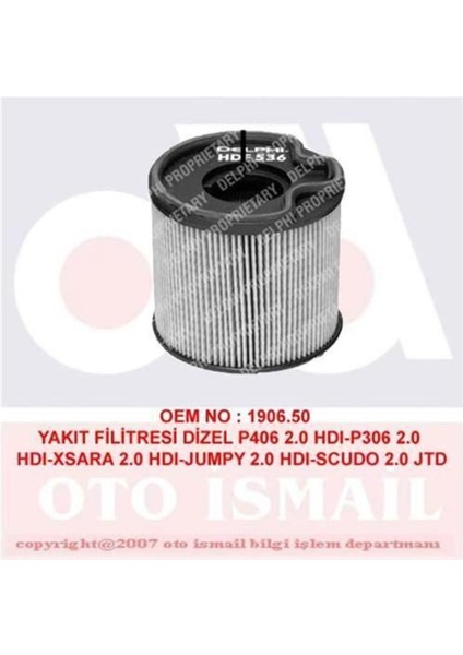 HDF536 Mazot Filtresi 206 307 405 406 806 Partner Expert / Xsara C5 Berlıngo 2.0 Hdı Uyumlu